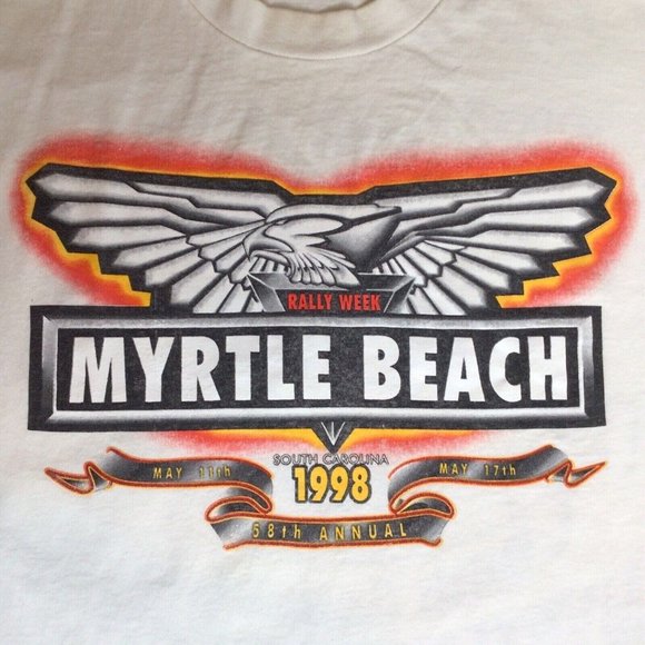 Bike Week Rally Myrtle Beach Double Sided White Tee Shirt single Stitch 90s Med - Picture 1 of 6